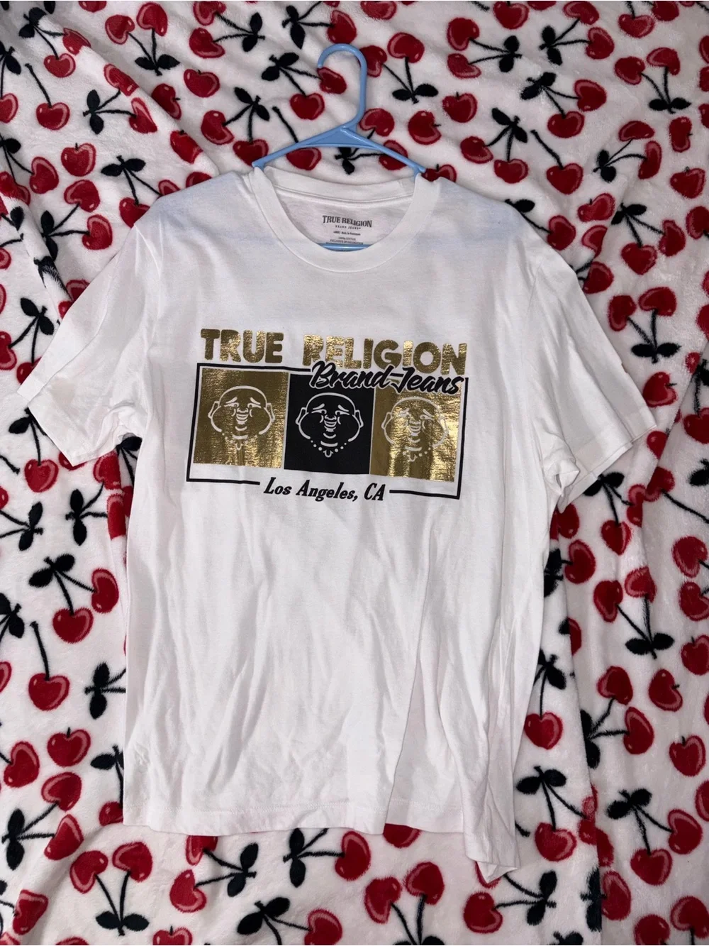 True Religion White T-Shirt with Gold Logo Panels